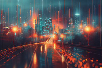 Financial chart graph shining in the city with business and blurred night scene in the background