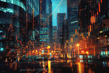 Fototapeta na wymiar Financial chart graph shining in the city with business and blurred night scene in the background