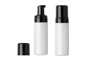 Bottle of cosmetic cream, plastic jars with cosmetics on an empty background.