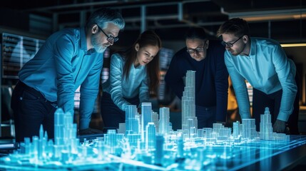 team of four professionals studying a three-dimensional holographic model of a city. urban planning or architectural design
