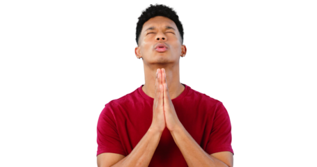 Religion, praying or man with hope, gratitude and spiritual belief isolated transparent png background. Prayer, eyes closed and Christian male person in Mexico speaking or talking for worship to God
