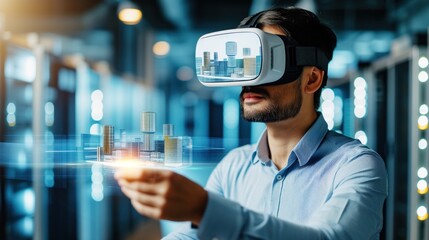 person wearing virtual reality (VR) goggles interacting with a holographic projection of a cityscape and financial charts. virtual design