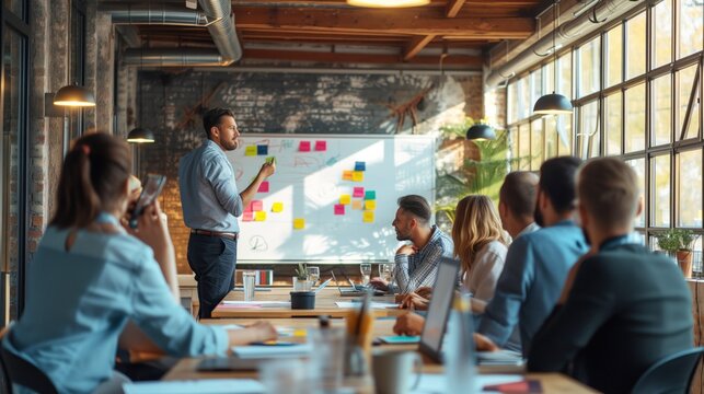 business presentation in a modern loft-style office. A man stands and addresses a group of seated colleagues who are listening attentively and taking notes.