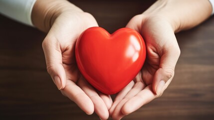 Human hands presenting a glossy red heart on a dark wooden background.