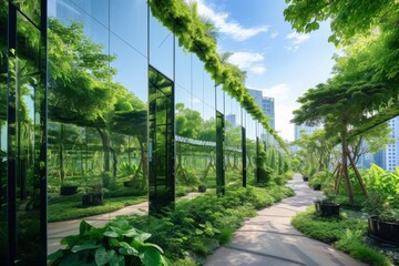 Obraz premium Sustainable Architecture: Eco Building with Green Canopies in Urban Environment.