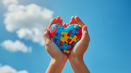 Kid boy hands holding puzzle heart, child mental health concept, world autism awareness day, teen autism spectrum disorder awareness concept. generative ai