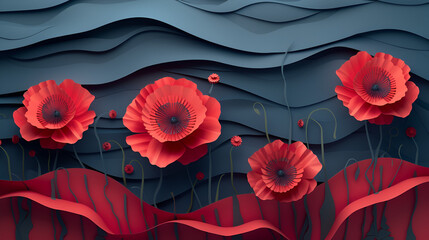 Banner with paper cut red poppy flower, symbol for remembrance, memorial, Anzac day. generative ai