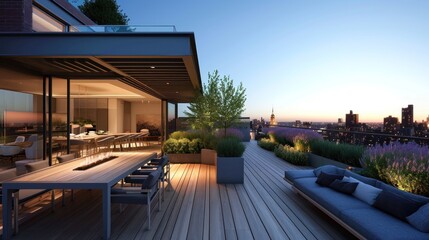 Fototapeta premium Rooftop terrace with minimalistic dining area lounge. Generative ai, 