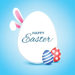 Easter day background template with bunny rabbit and eggs light blue studio for banner poster web cover page design. Greetings and presents for flat lay styling. Promotion sale and shopping.