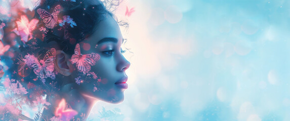 Female silhouette with butterflies in her hair on a light blue background with bokeh. Banner with place for text - obrazy, fototapety, plakaty