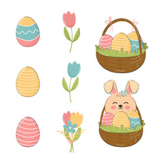 Set of vector Easter elements, eggs, flowers and Easter baskets