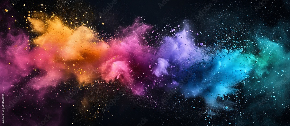 Poster abstract splashes of rainbow-colored dust powder explode, floating on a black backdrop with a textur