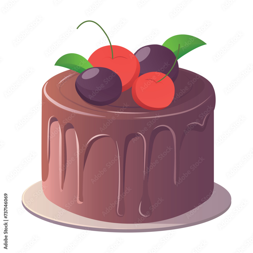 Poster cake of colorful set. this artwork showcases a delightful chocolate cake with a colorful design, add