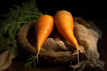 Two carrots in the rustic kitchen. Ai Generative - obrazy, fototapety, plakaty