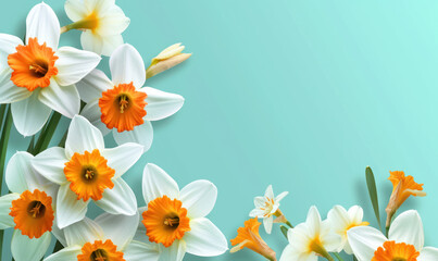 vibrant daffodils with striking orange centers on a soothing pastel turquoise backdrop for spring