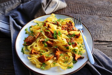 Tagliatelle pasta with fried in butter chanterelle mushrooms with garlic and finely chopped parsley on checkered napkin on a rustic background