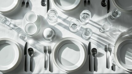 A set of white glassware. Table setting top view