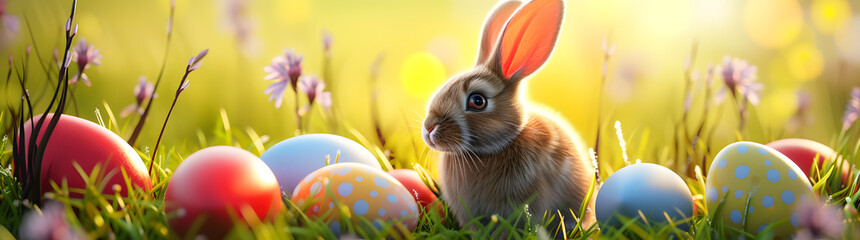 Easter Morning: A Curious Bunny Amidst Vibrant Eggs in a Sunlit, Blossoming Meadow