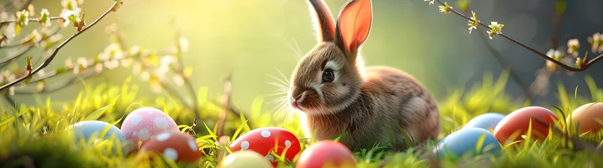 Rolgordijnen Easter Morning: A Curious Bunny Amidst Vibrant Eggs in a Sunlit, Blossoming Meadow © Moon