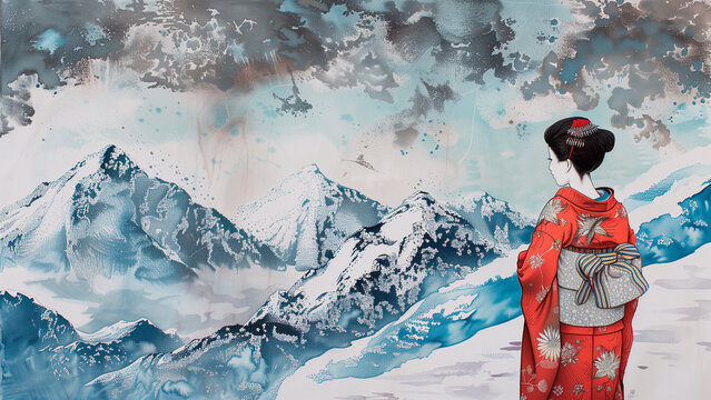 Winter’s Grace: A Geisha Amidst the Snowy Peaks in Hokusai’s Style