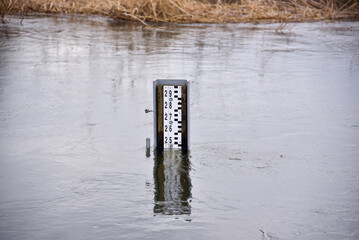 Alert on Widawa river in Wroclaw, Poland. High risk of flood, high level of water.