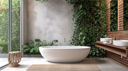 Serene bathroom with a freestanding tub. Generative ai, 