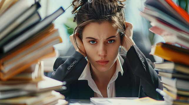 Beauty businesswoman student with a stressed expression and looking at a desk full of files in the office college university