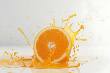 Juicy orange burst and splashes juice. Sweet orange in a splash of water. Juicy fruits explosion.