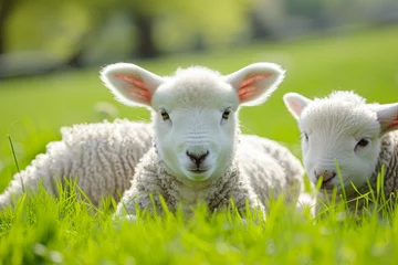 Tuinposter Cute little lambs on fresh green meadow © Fabio