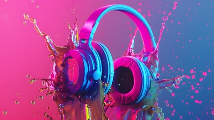 Headphones over Neon splashing wih vibrant colours, dynamic music blaster 