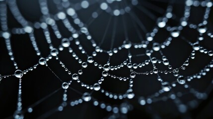 a close up of a spider web with drops of water on the spider's web, on a black background.