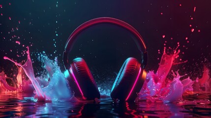 Headphones over Neon splashing wih vibrant colours, dynamic music blaster 