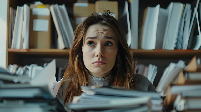 Beauty businesswoman student with a stressed expression and looking at a desk full of files in the office college university