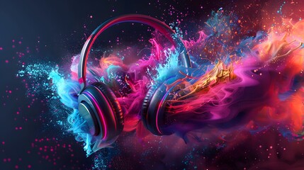 Headphones over Neon splashing wih vibrant colours, dynamic music blaster  - obrazy, fototapety, plakaty
