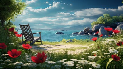 Horizontal AI illustration seaside serenity: a gateway to peace. Background and textures concept.
