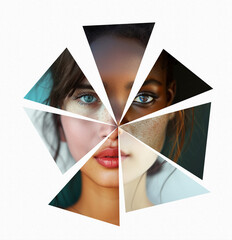 Collage. Kaleidoscope made of pieces of portraits of beautiful women different races and nationalities against white background.