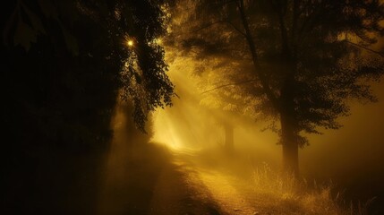 the sun shines foggy trees path woods foggy day in the woods.