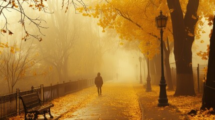 a person walking down a path in a park on a foggy day with trees and a bench in the foreground.