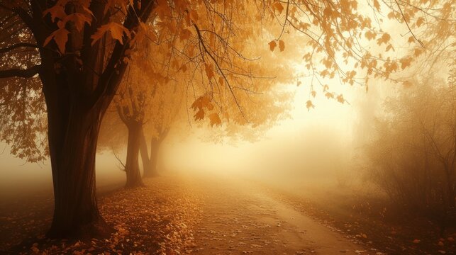 a foggy path in a park with trees and leaves ground and a bench other side of the path.