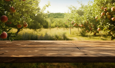 Naklejka na ściany i meble Empty wooden tabletop against apple orchard with ripe red fruits, generated by ai
