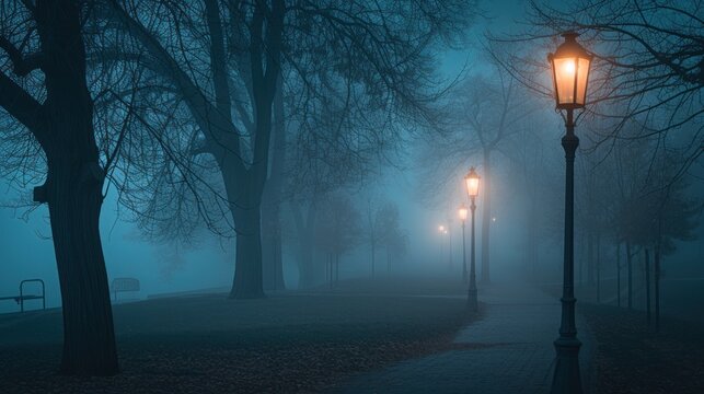 a foggy night in a park with a bench and street lamps foreground and trees background.
