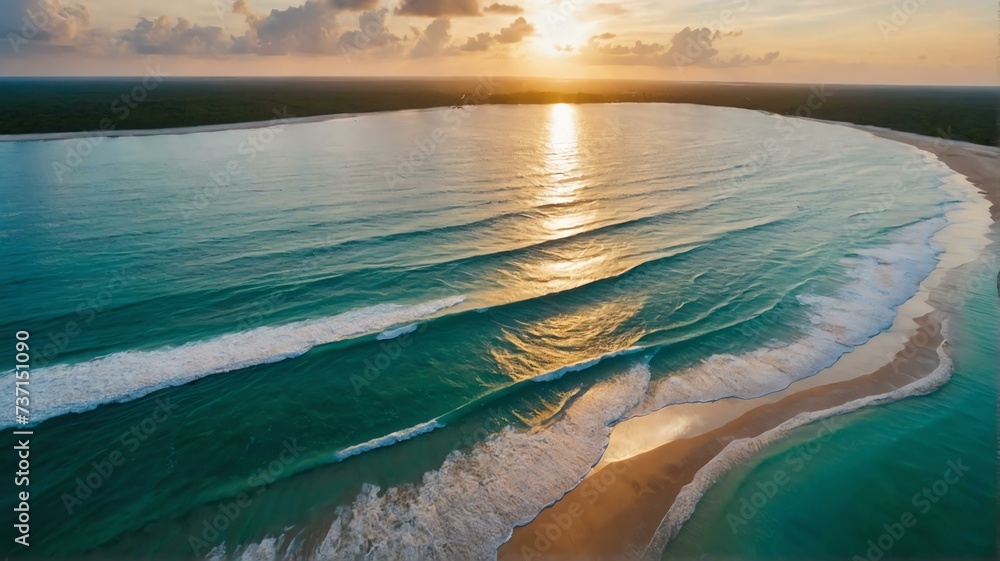 Wall mural Landscape view of a tropical island with white sand and wavy beach at sunset, drone aerial shot top view from Generative AI - Wall murals
