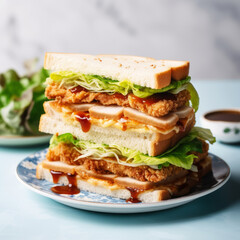 katsu sando sandwich with chicken, pork cutlet and salad on the grey background, minimalism style