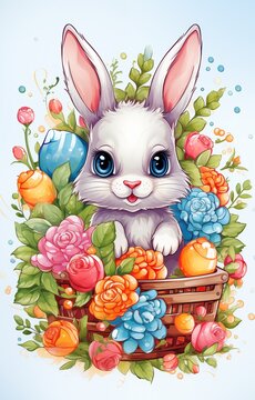 Vintage Easter card from the 1960s. Cute bunny with Easter eggs. Happy Easter! High resolution
