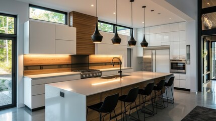 Sleek handless cabinets kitchen with a glossy counter. Generative ai, 