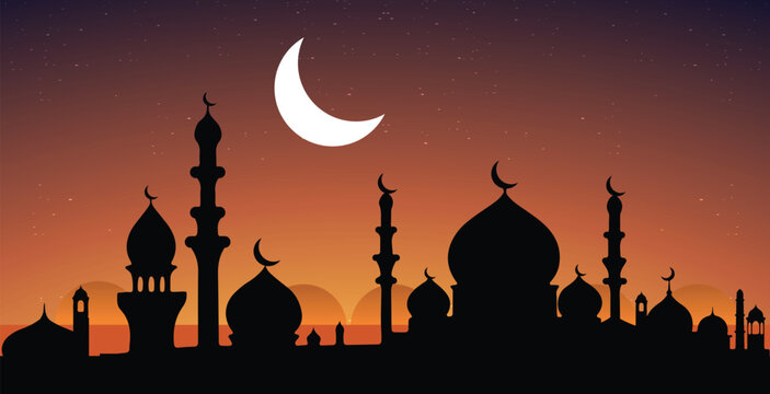 Ramadhan Islamic festival mosque at sunset vector illustration