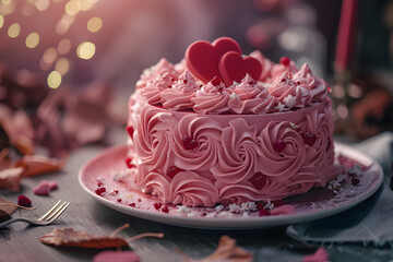 Naklejka premium Romantic Illumination: A Heart-Adorned Cake Basking in the Soft Glow of Candlelight