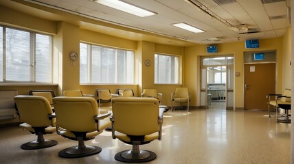 Yellow toned hospital waiting room with empty chairs from Generative AI