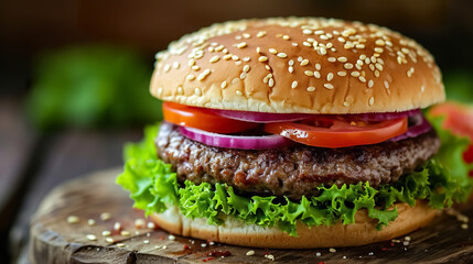 fresh juicy hamburger with beef meat, grilled cheeseburger with onion and tomato, classic american...