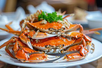 Steamed crab stack many crab on plate in chinese and seafood restaurant